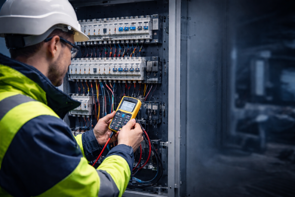 Image shows a man holding a device attached to wires in an electrical cupboard. Image depicts Hardy Building Solutions commercial electrical maintenance contracts