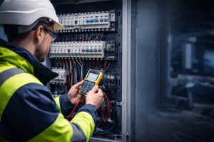 Image shows a man holding a device attached to wires in an electrical cupboard. Image depicts Hardy Building Solutions commercial electrical maintenance contracts