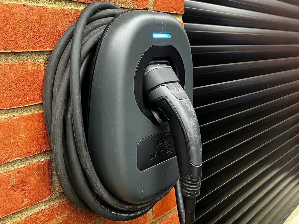 Image shows a newly fitted EV charger as part of an electrical installation from Hardy Building Solutions
